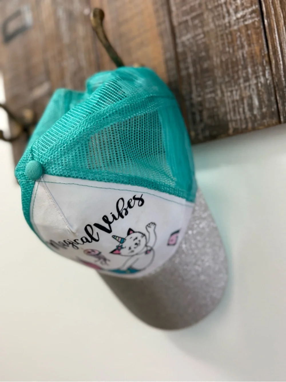 Magical Vibes Mesh Trucker Hat in Teal & Gray